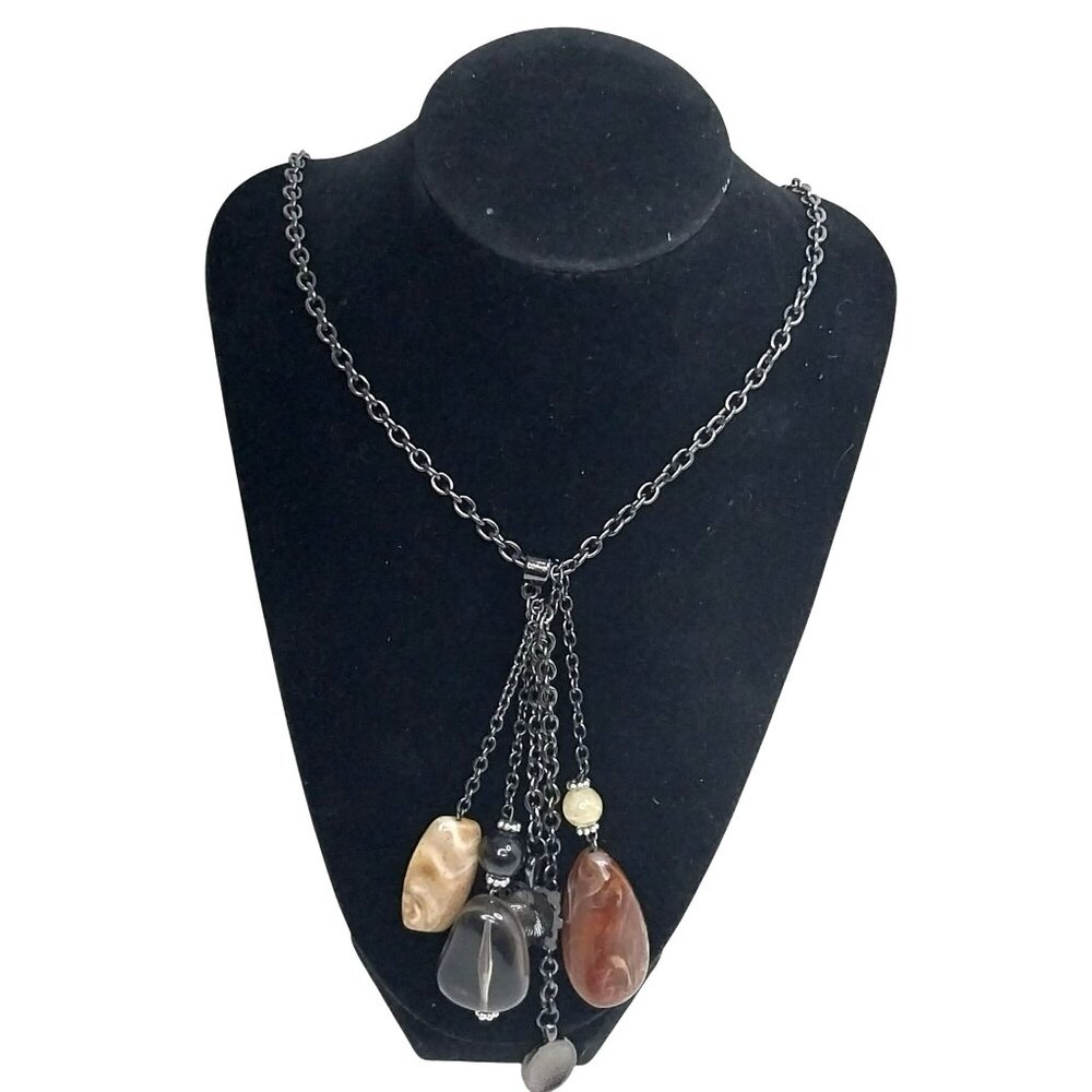 Cookie Lee Necklace W/ Brown & Cream Stone Charms Gunmetal Chain Chunky 38" Long